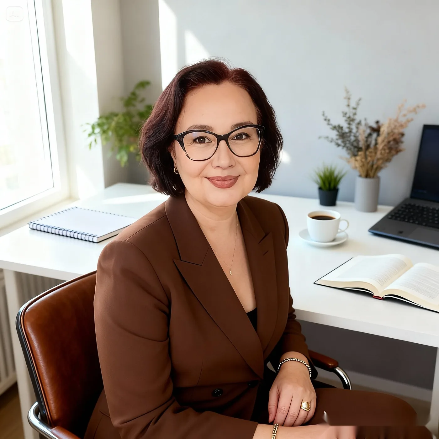 Tatty Baniski, consultora de marca B2B, em ambiente de trabalho.